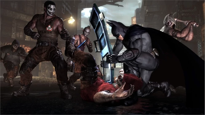 Batman arkham city, batman beating goons with a door.